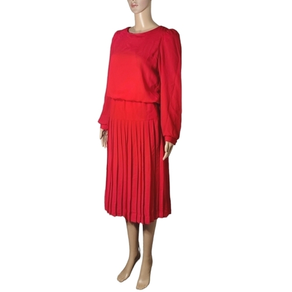 Vintage 1970s Cami Red Long Sleeves Drop-waist Pleated Midi Dress Womens Size 10 - Picture 3 of 15